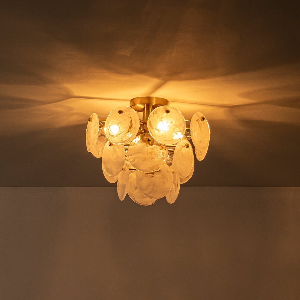 (OpenBox) Brass Tiered Opal Swirl Glass Semi Flush Chandelier