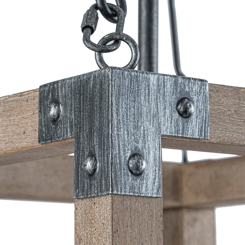 Candle Style Weathered Wooden Square Cage Pendant Light