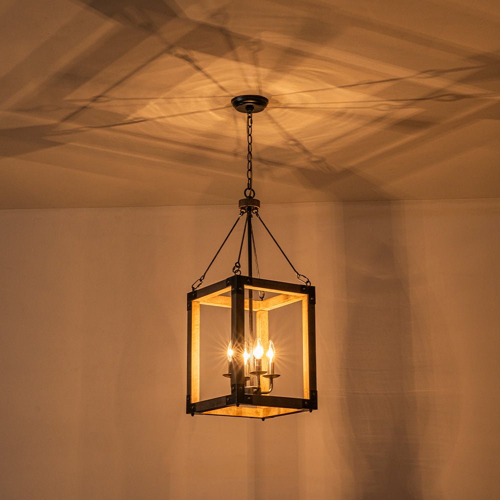 Candle Style Weathered Wooden Square Cage Pendant Light