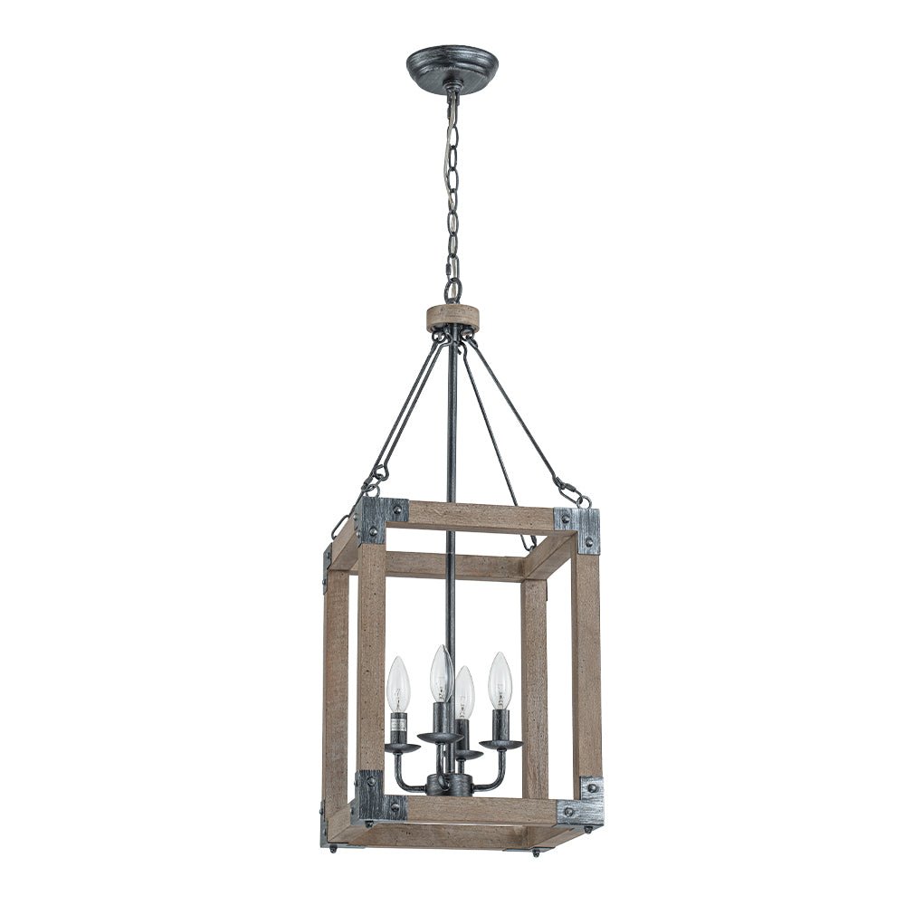 Candle Style Weathered Wooden Square Cage Pendant Light