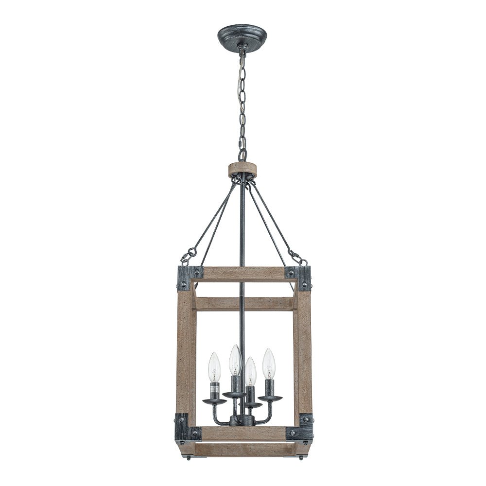 Candle Style Weathered Wooden Square Cage Pendant Light