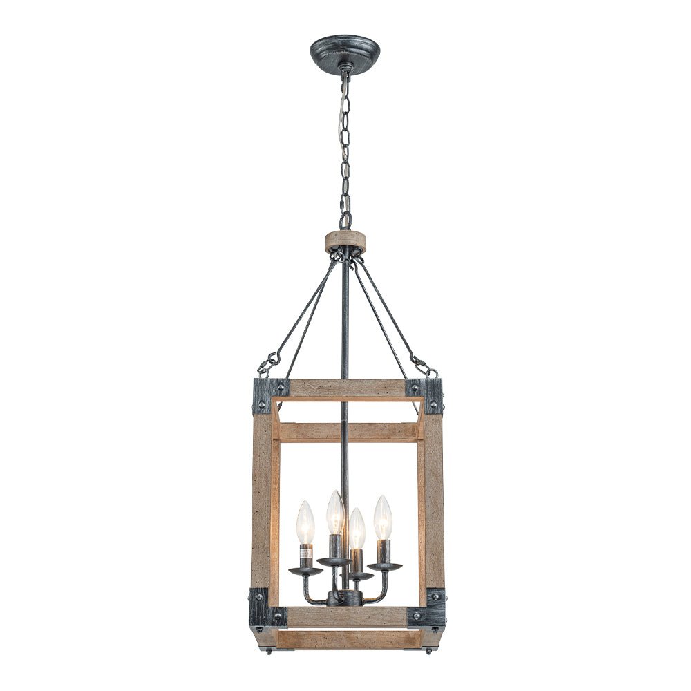 Candle Style Weathered Wooden Square Cage Pendant Light