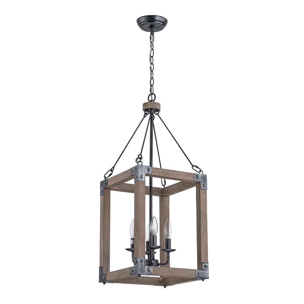 Candle Style Weathered Wooden Square Cage Pendant Light