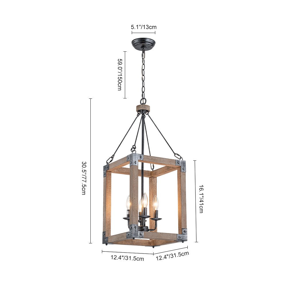 Candle Style Weathered Wooden Square Cage Pendant Light
