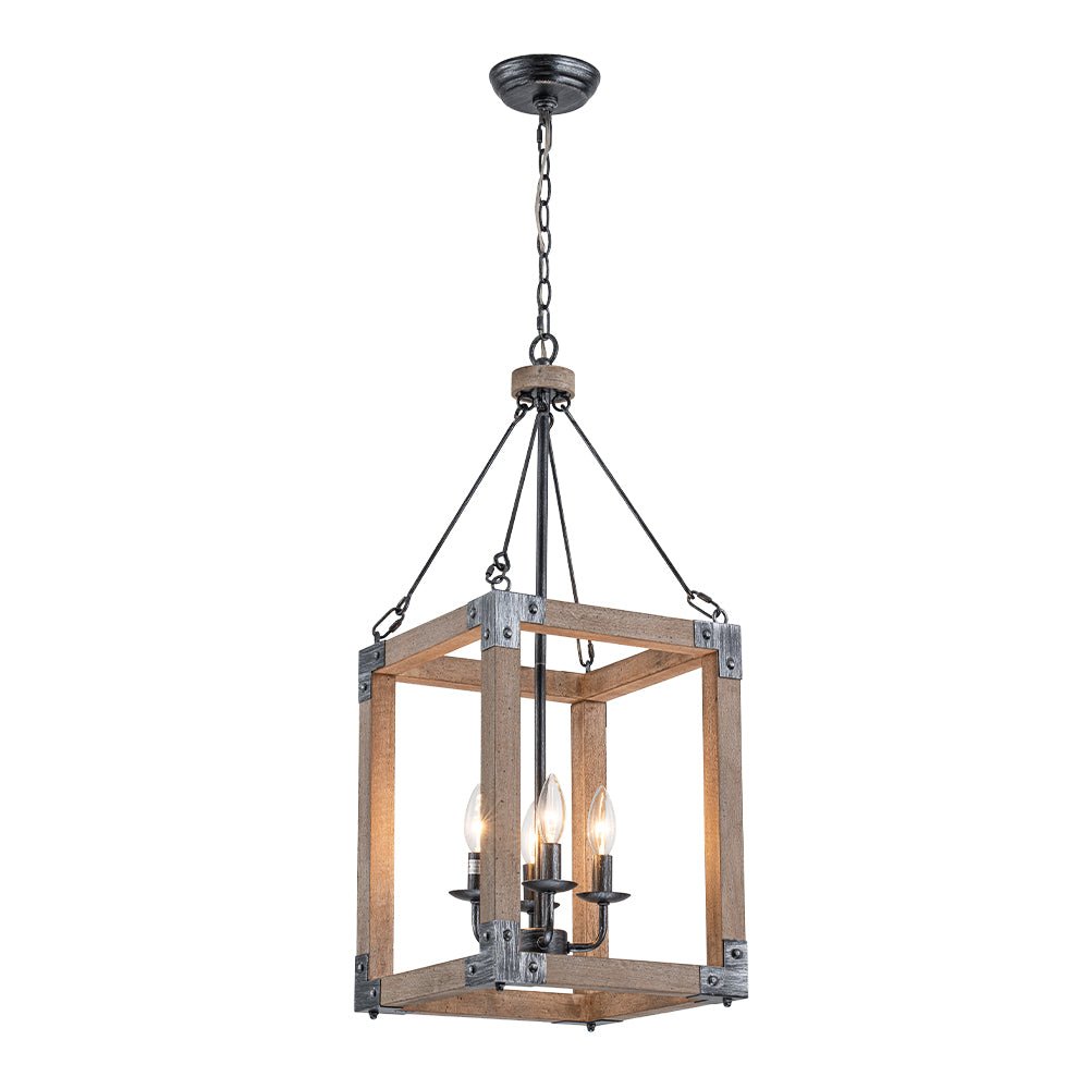 Candle Style Weathered Wooden Square Cage Pendant Light