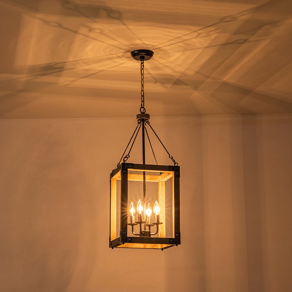 Candle Style Weathered Wooden Square Cage Pendant Light