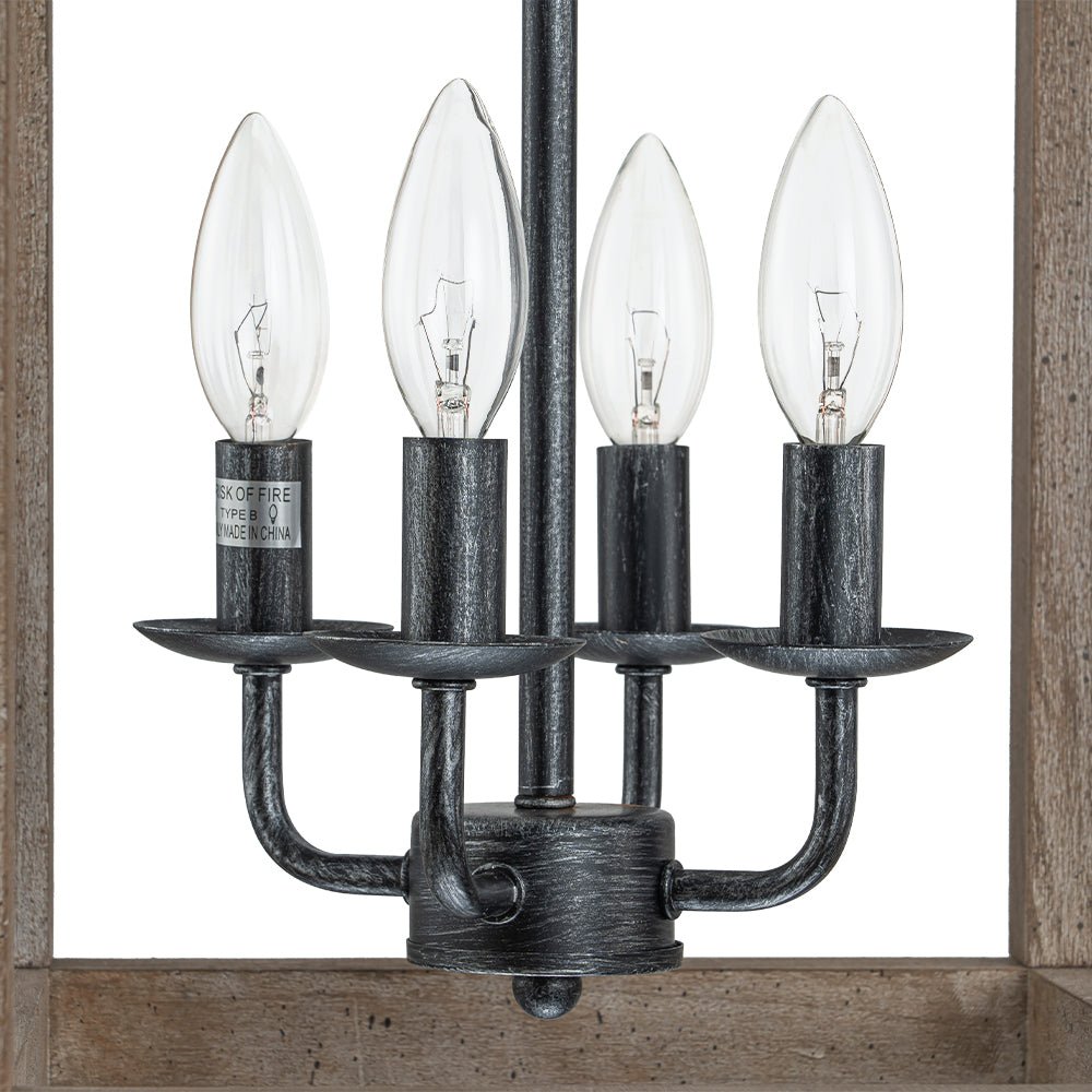 Candle Style Weathered Wooden Square Cage Pendant Light