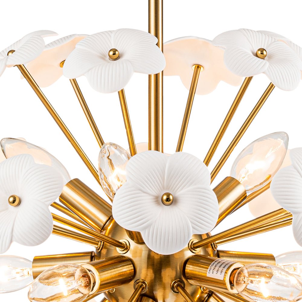Ceramic Hoya Floral Brass Sunburst Sphere Chandelier