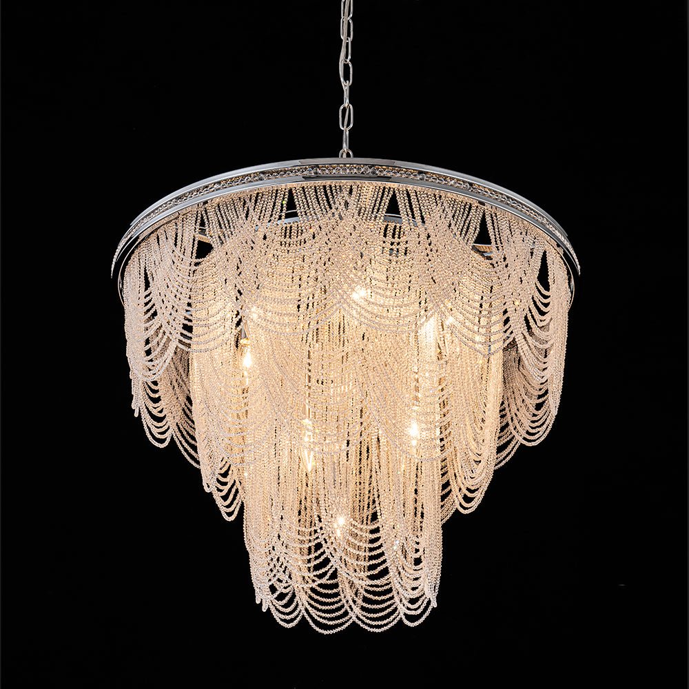 Chrome Glam 10-Light Tiered Crystal Bead Round Chandelier