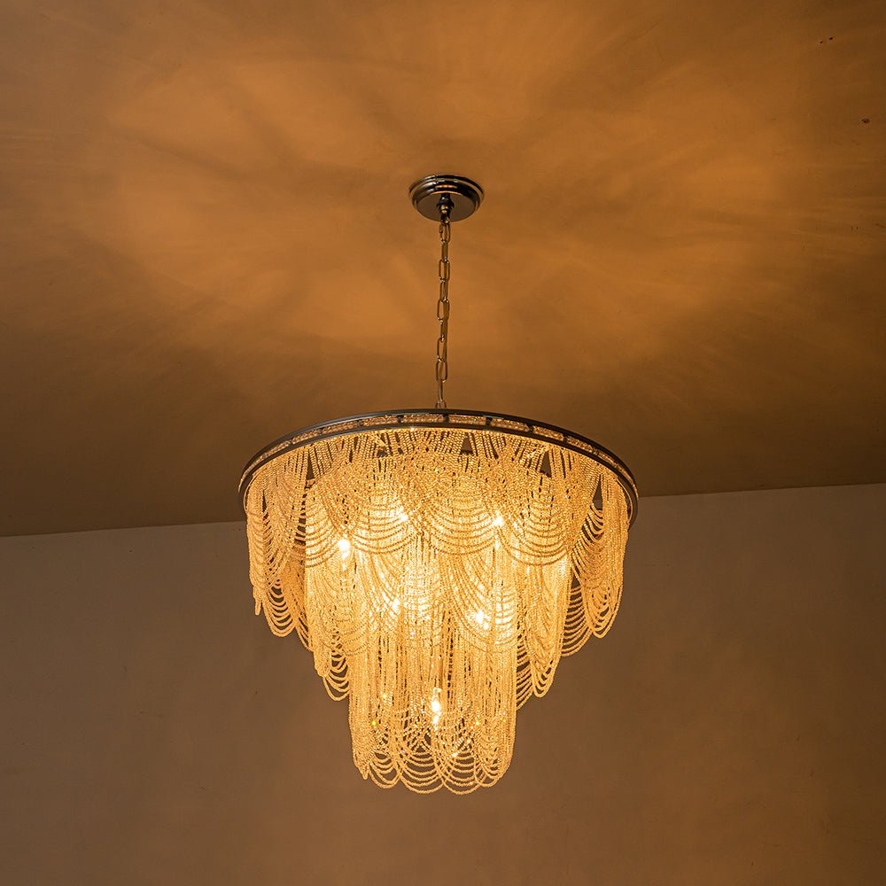 Chrome Glam 10-Light Tiered Crystal Bead Round Chandelier