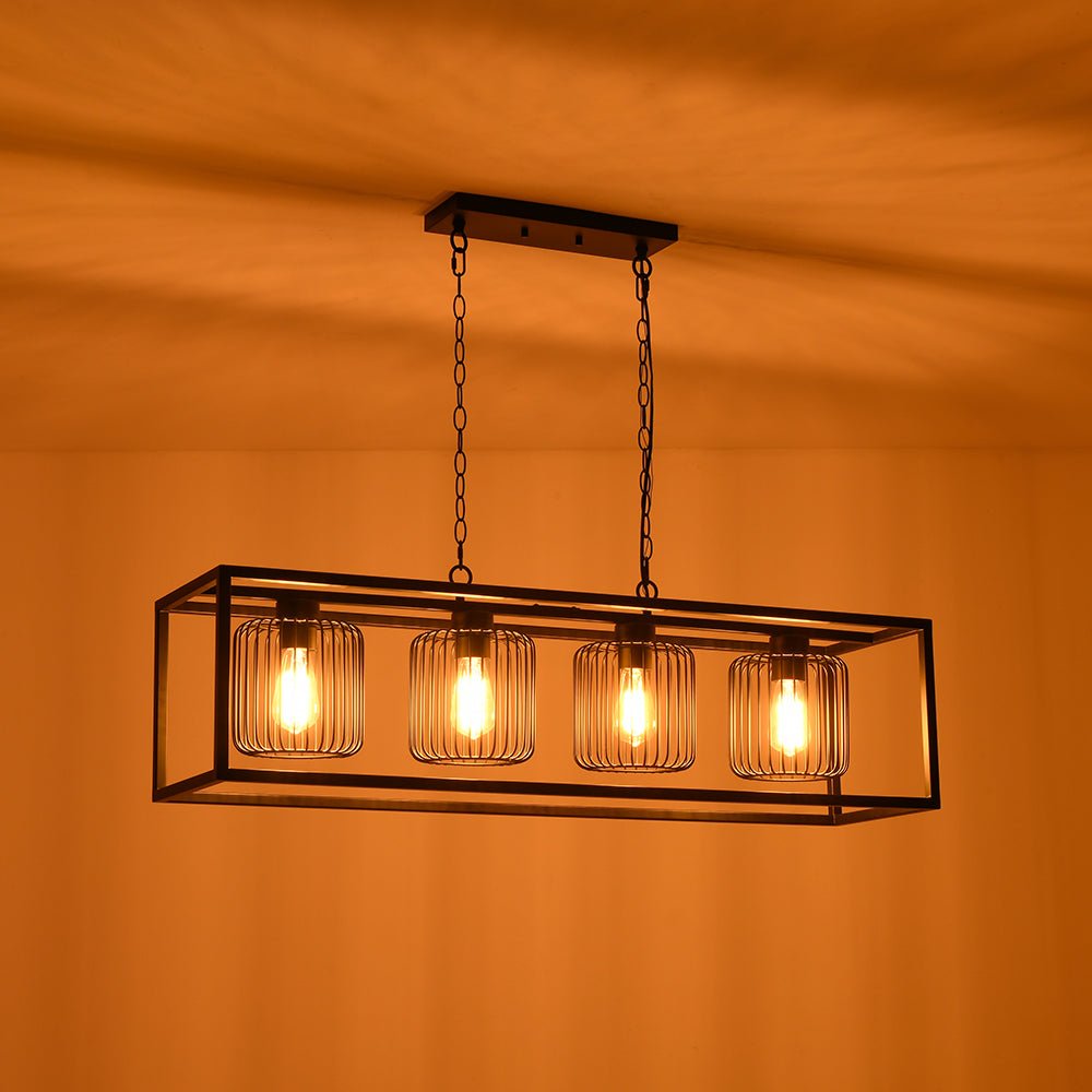 Farmhouse Black Rectangular Cage Linear Island Chandelier