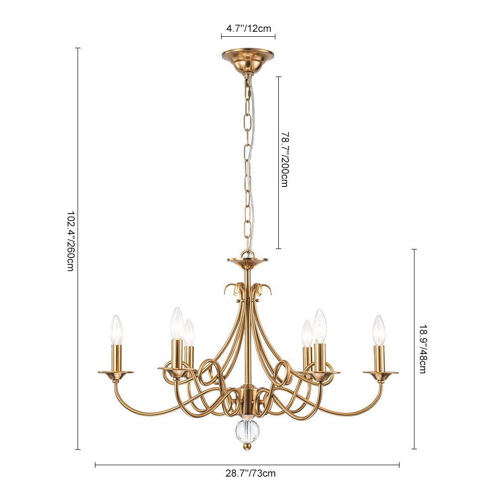 French Classic Brass Scrolling Candle Style Chandelier
