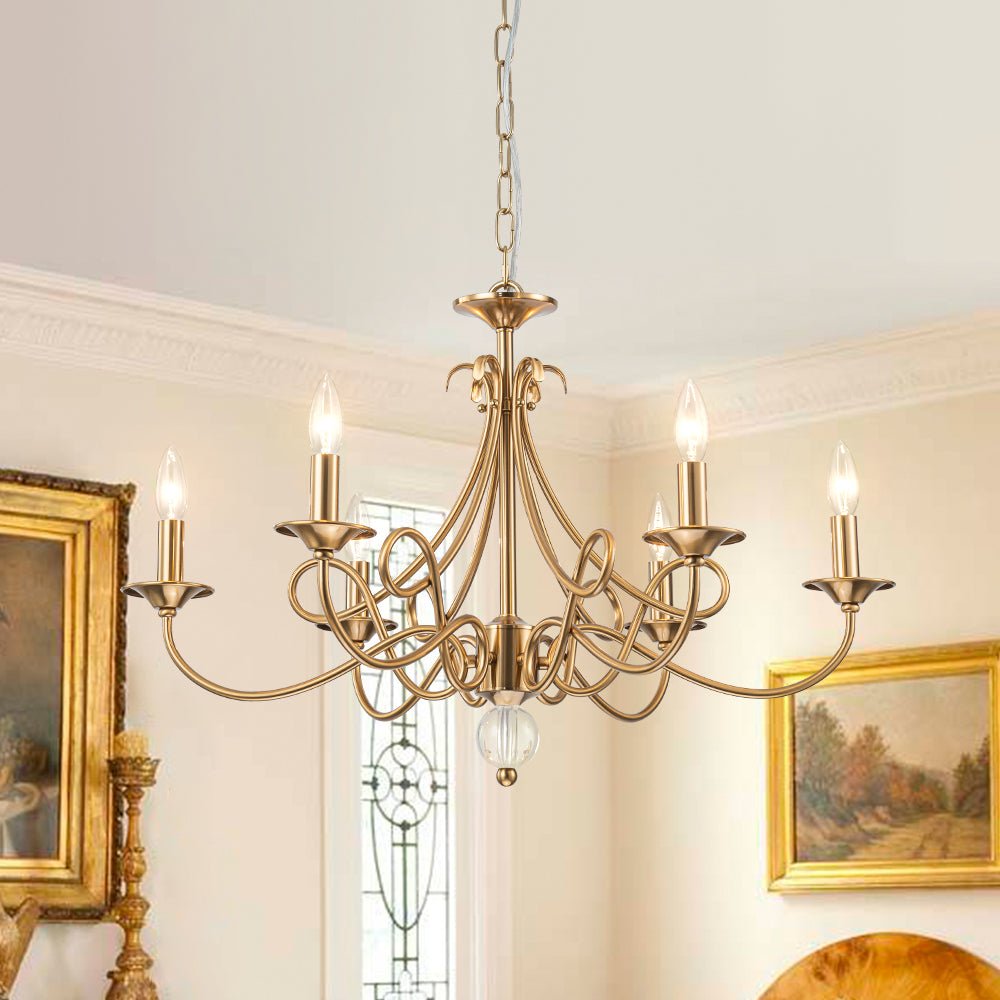 French Classic Brass Scrolling Candle Style Chandelier