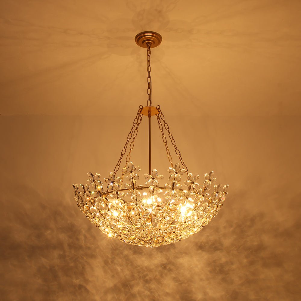 French Luxe Brass Bloom Crystal Floral Basket Chandelier