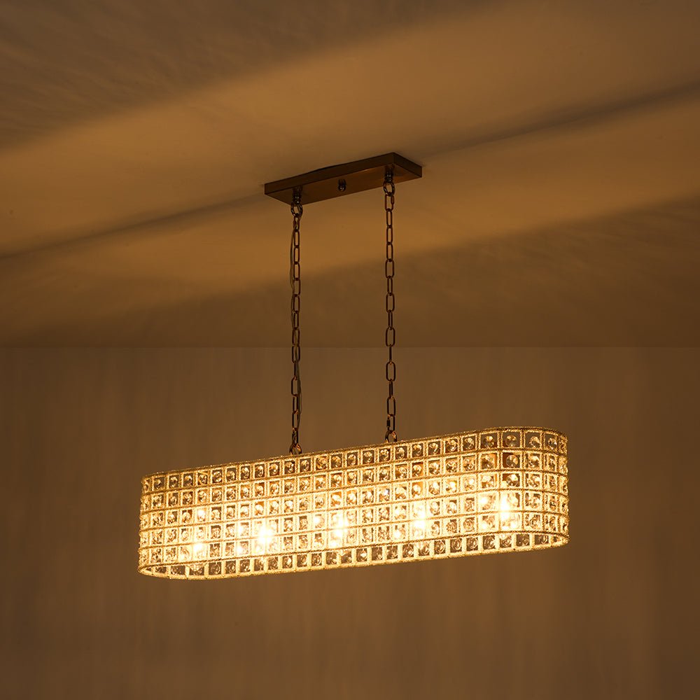 French Luxe Brass Crystal Linear Cage Island Chandelier