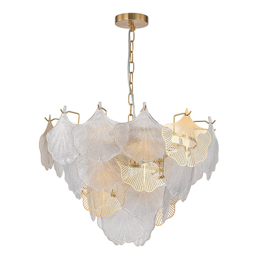 French Tiered Ginkgo Leaf Textured Glass Round Chandelier