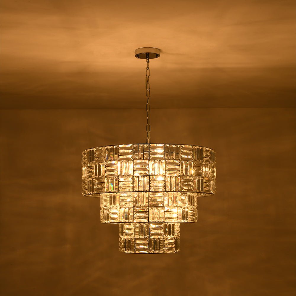 Glam Chrome Spark Cut Crystal Tiered Round Chandelier