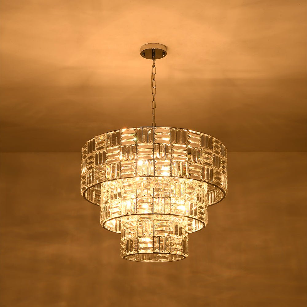 Glam Chrome Spark Cut Crystal Tiered Round Chandelier