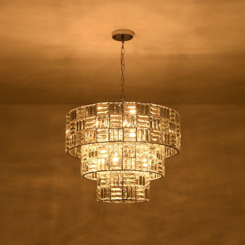 Glam Chrome Spark Cut Crystal Tiered Round Chandelier