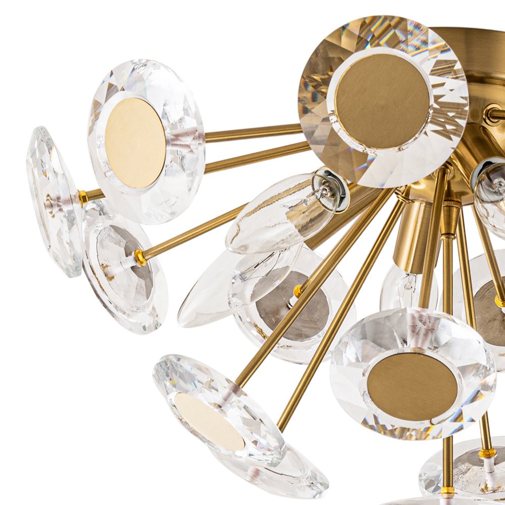 Glam Crystal Accent Brass Sunburst Semi Flush Light