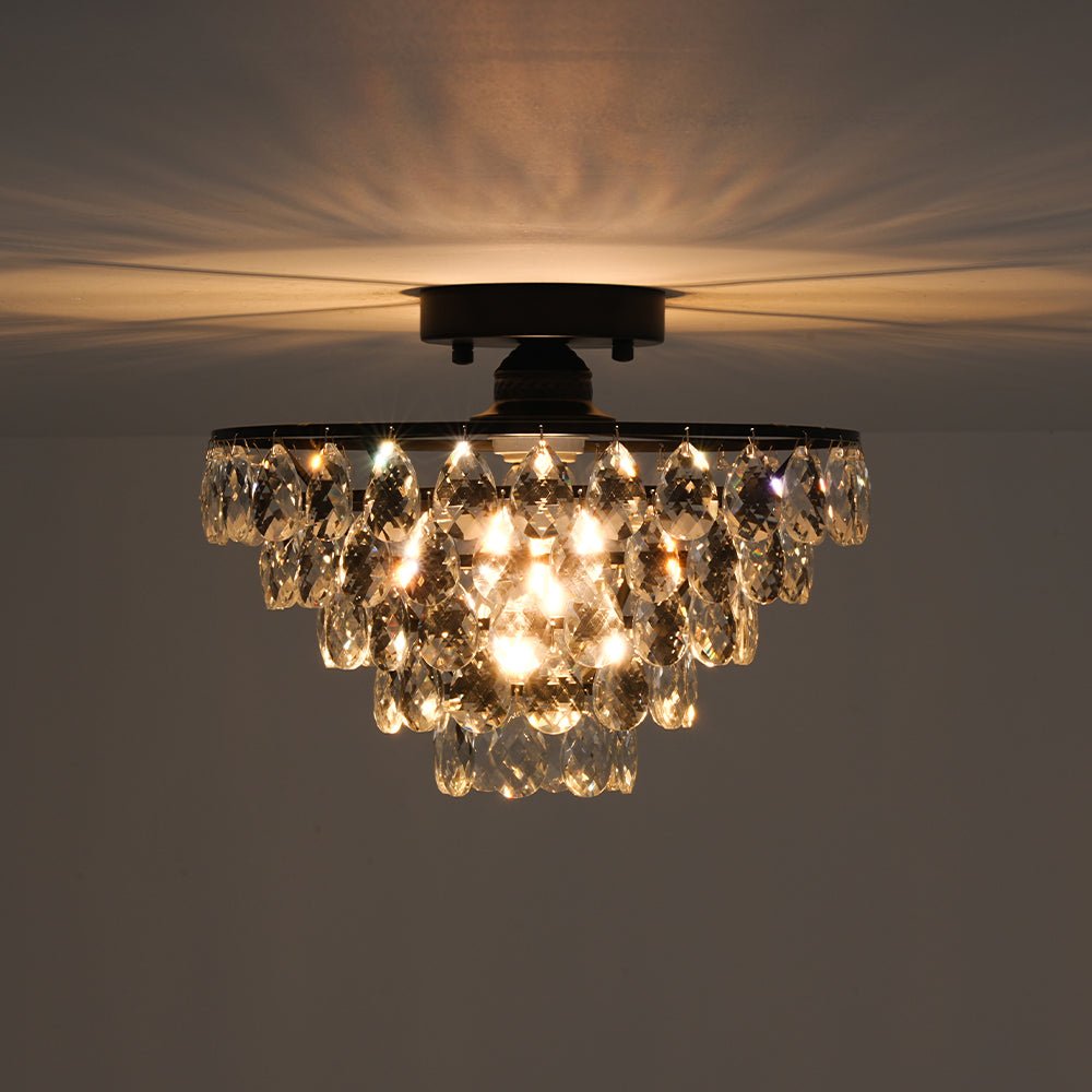 Glam Faceted Crystal Round Tiered Semi Flush Mount Light