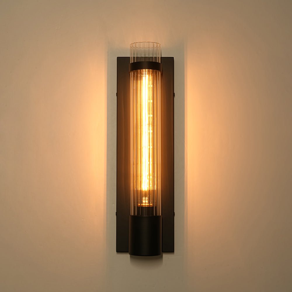 Industrial Black Reeded Glass Linear Tube Wall Light