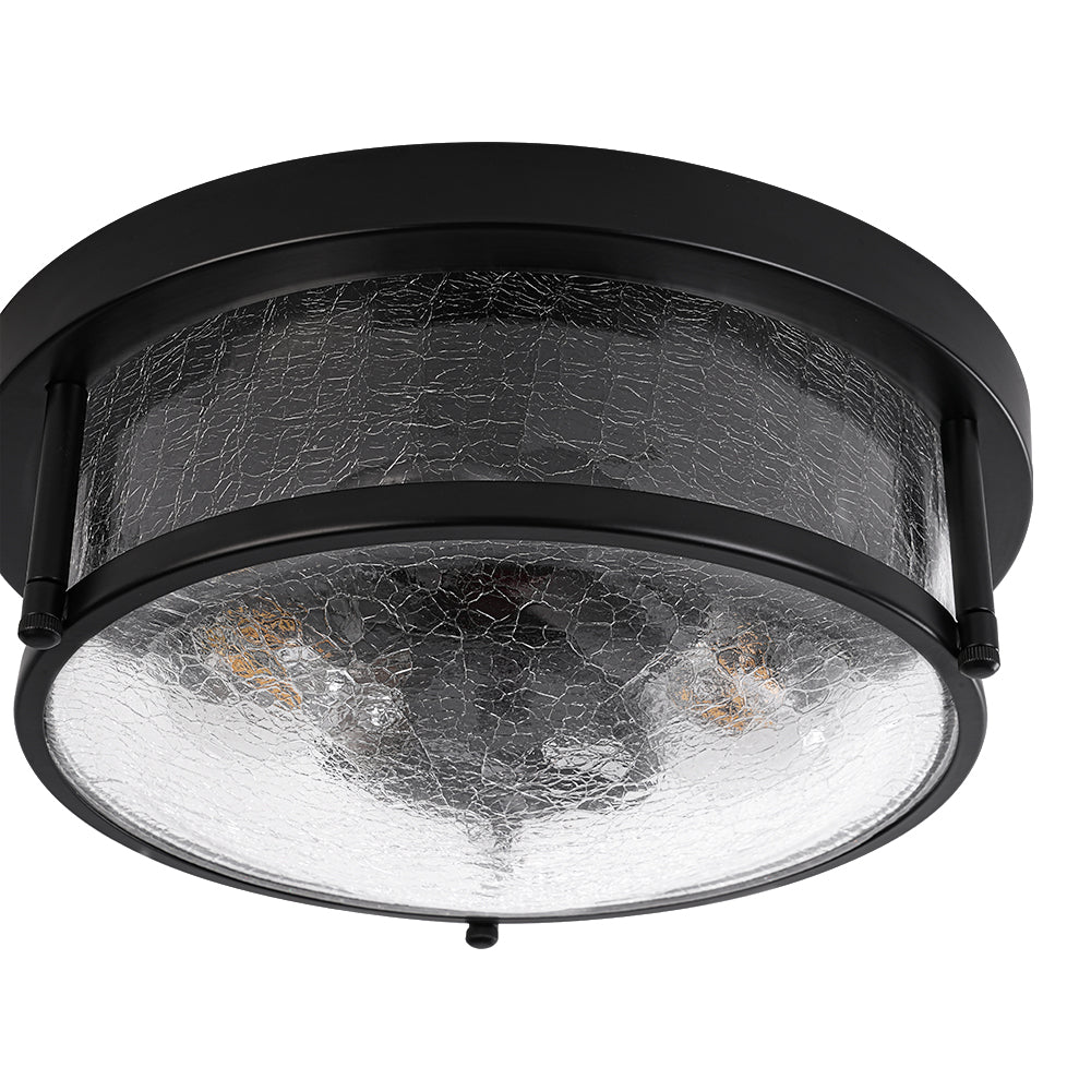 Industrial Black Round Crackled Glass Flush Mount Light