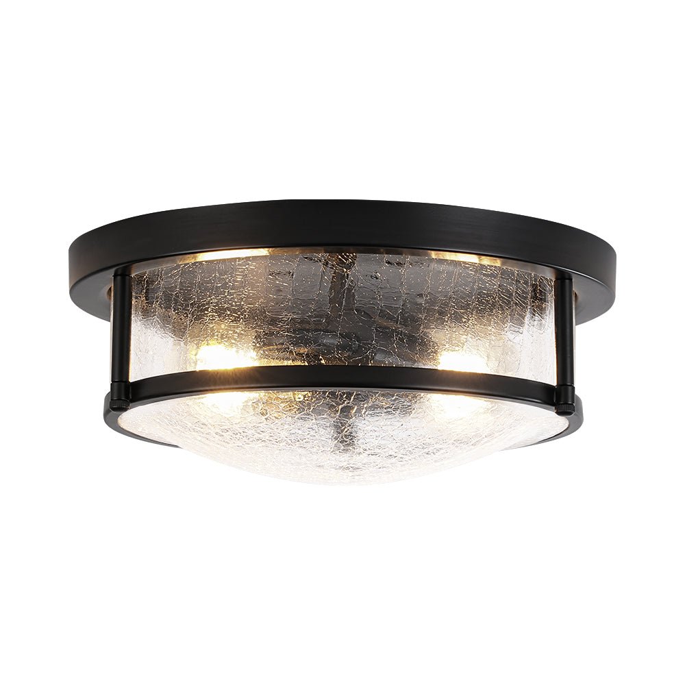 Industrial Black Round Crackled Glass Flush Mount Light