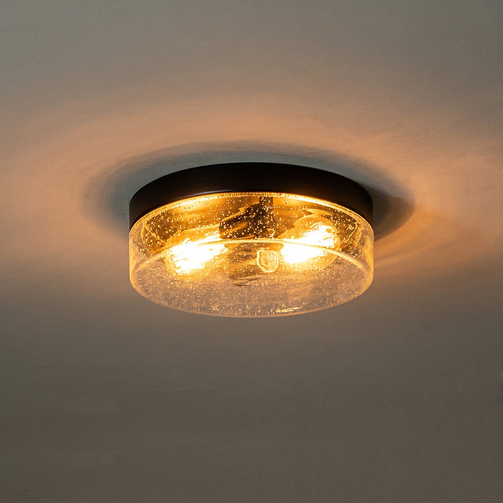 Industrial Black Round Seeded Glass Flush Mount Light