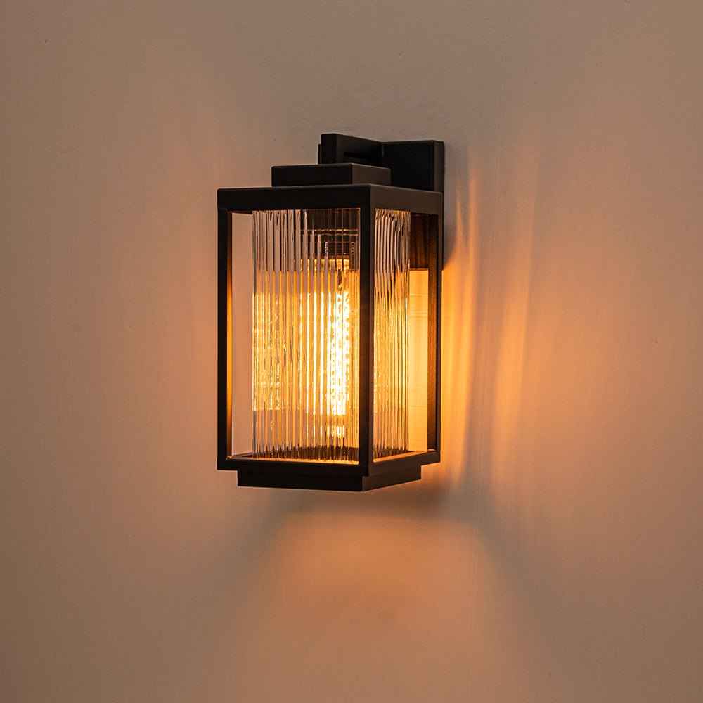 IP23 1-Light Black Ribbed Glass Outdoor Wall Lantern