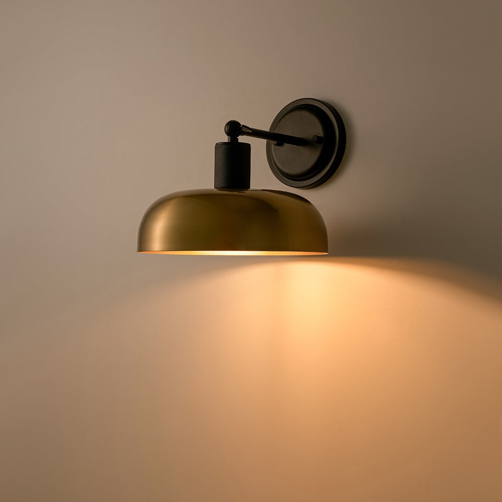 Mid-Century 1-Light Black Brass Metal Dome Wall Sconce