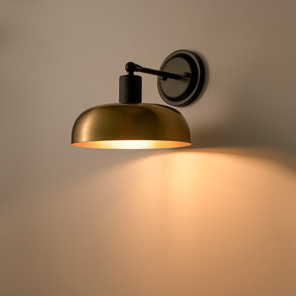 Mid-Century 1-Light Black Brass Metal Dome Wall Sconce