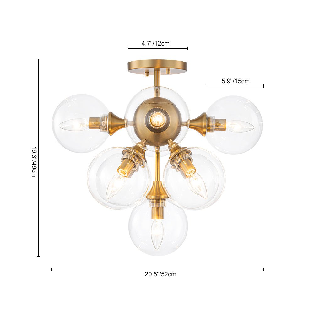 Mid-Century Brass Glass Bubble Tiered Semi Flush Chandelier