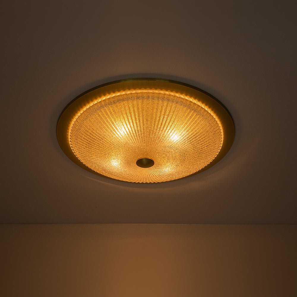 (OpenBox) Mid-Century Brass Ribbed Textured Glass Flush Mount