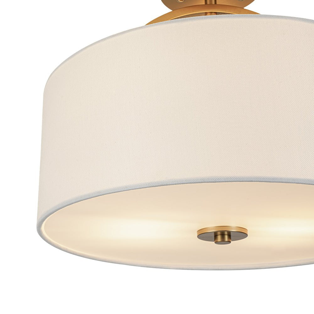 Mid-Century Brass Wide Linen Drum Semi Flush Mount