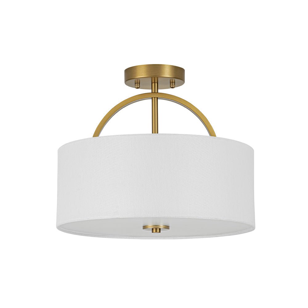 Mid-Century Brass Wide Linen Drum Semi Flush Mount