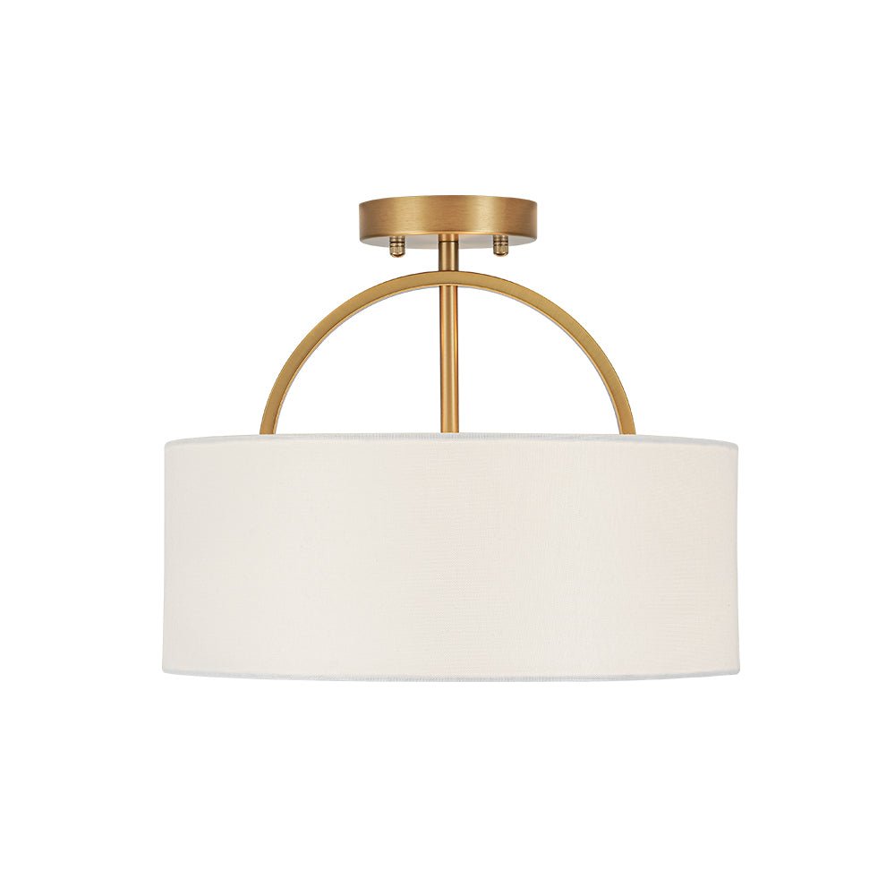 Mid-Century Brass Wide Linen Drum Semi Flush Mount