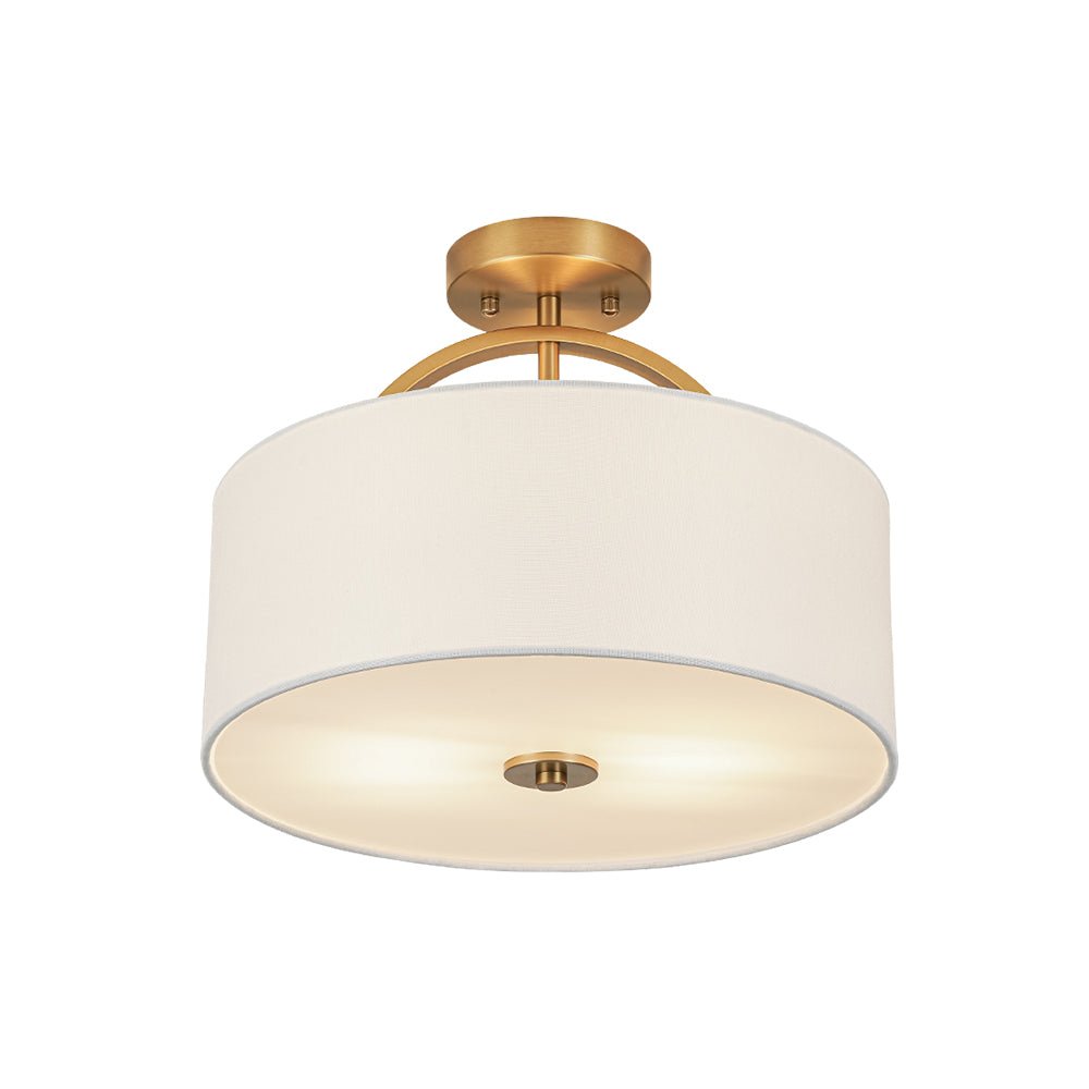 Mid-Century Brass Wide Linen Drum Semi Flush Mount