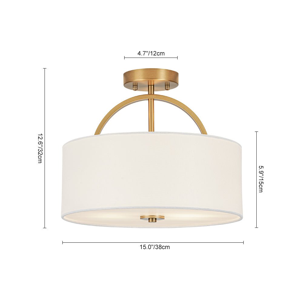 Mid-Century Brass Wide Linen Drum Semi Flush Mount