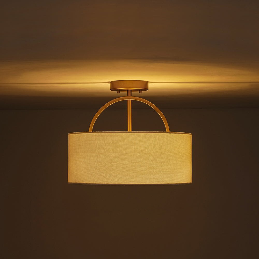 Mid-Century Brass Wide Linen Drum Semi Flush Mount