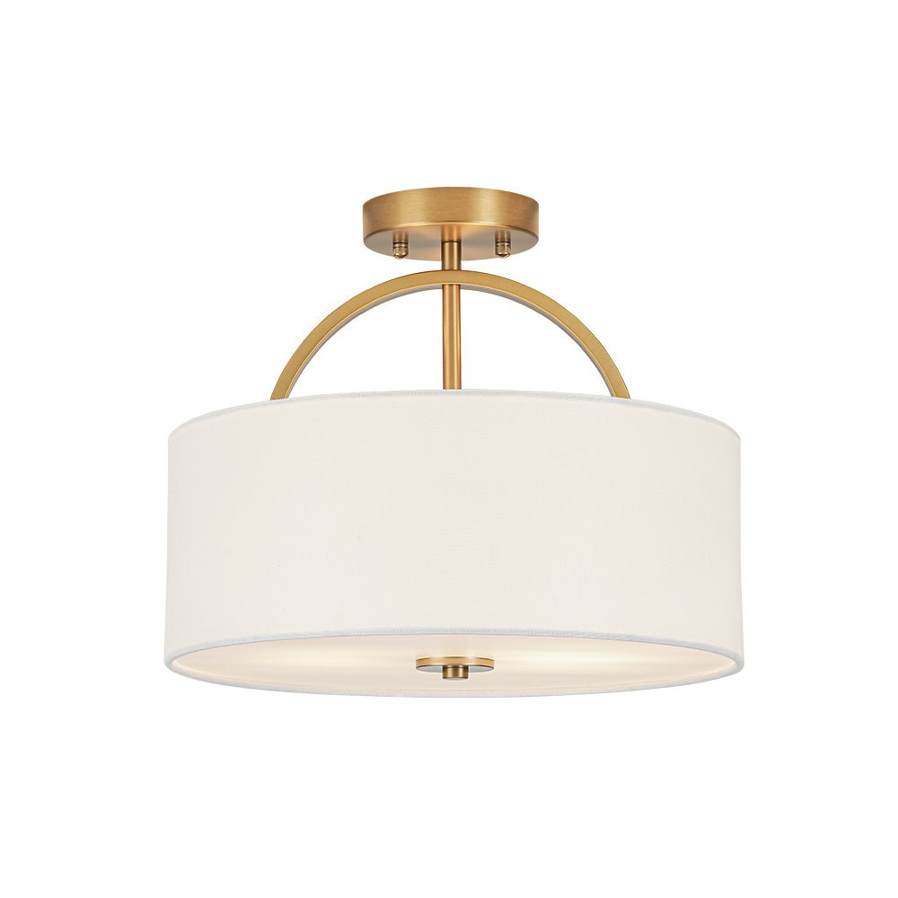 Mid-Century Brass Wide Linen Drum Semi Flush Mount