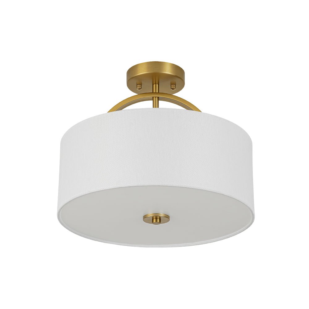 Mid-Century Brass Wide Linen Drum Semi Flush Mount