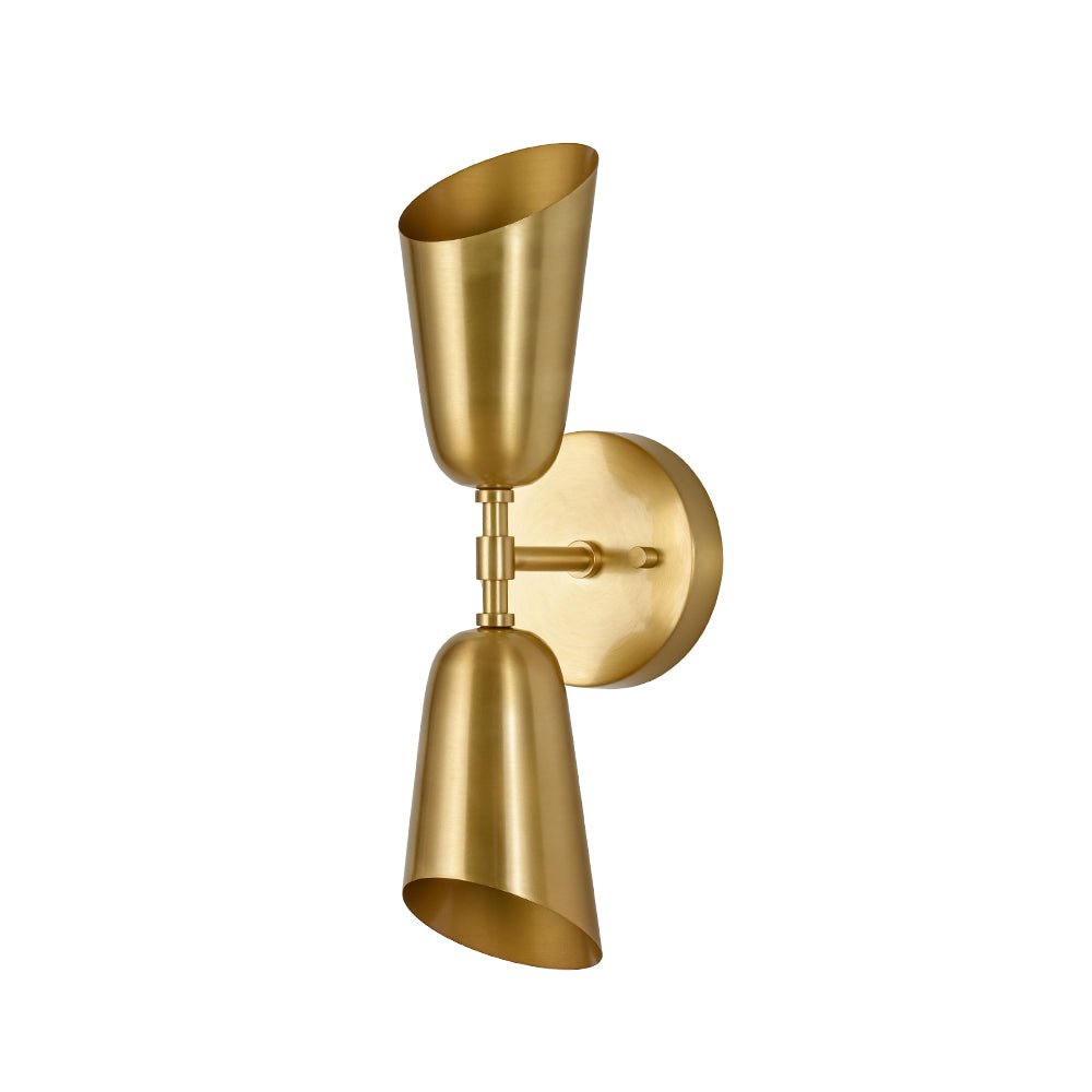 Mid-Century Brushed Brass 2-Light Up Down Dual Cone Wall Lamp