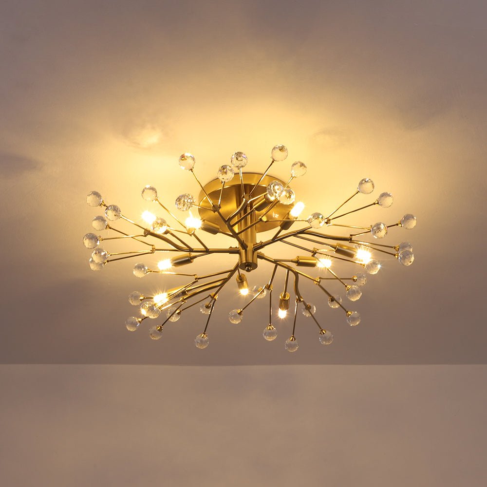 Mid-Century Firework Crystal Branching Semi Flush Mount