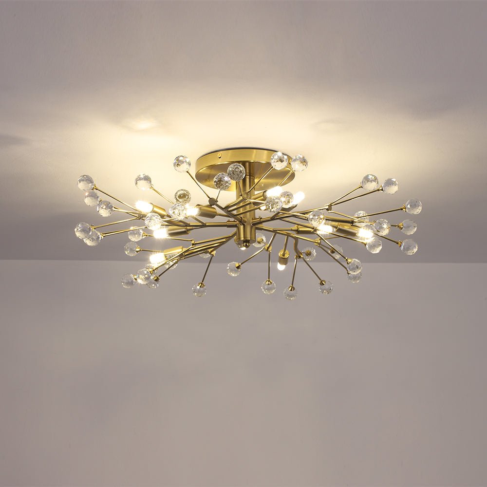 Mid-Century Firework Crystal Branching Semi Flush Mount