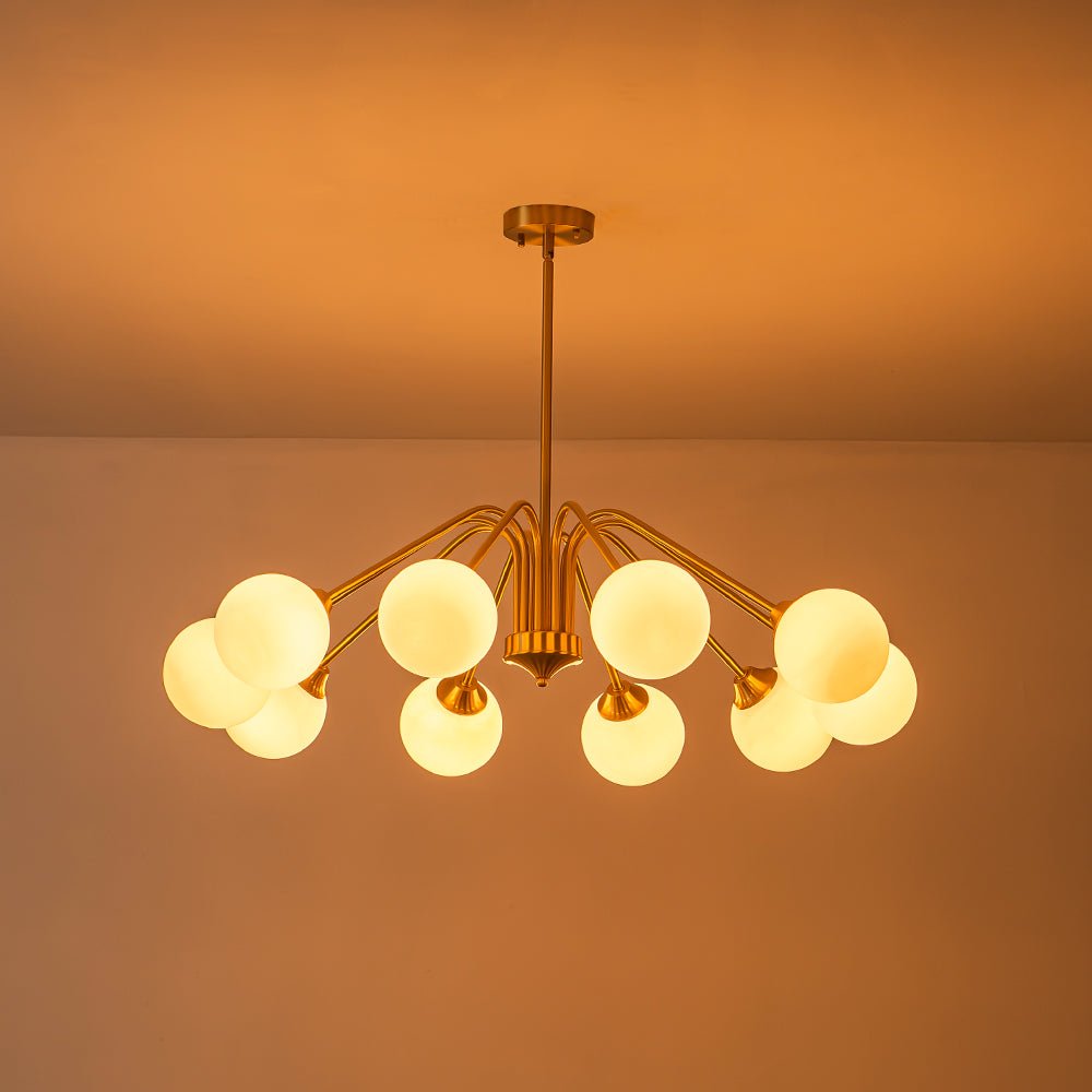 Mid-Century Opal Glass Globe Brass Sputnik Chandelier