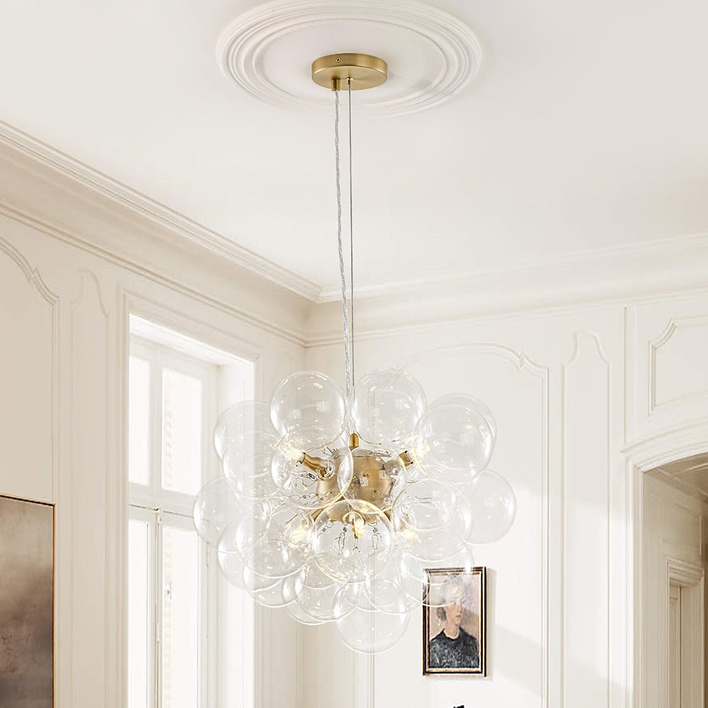 (OpenBox) 6-Light Dimmable Brass Cluster Clear Glass Bubble Sphere Chandelier