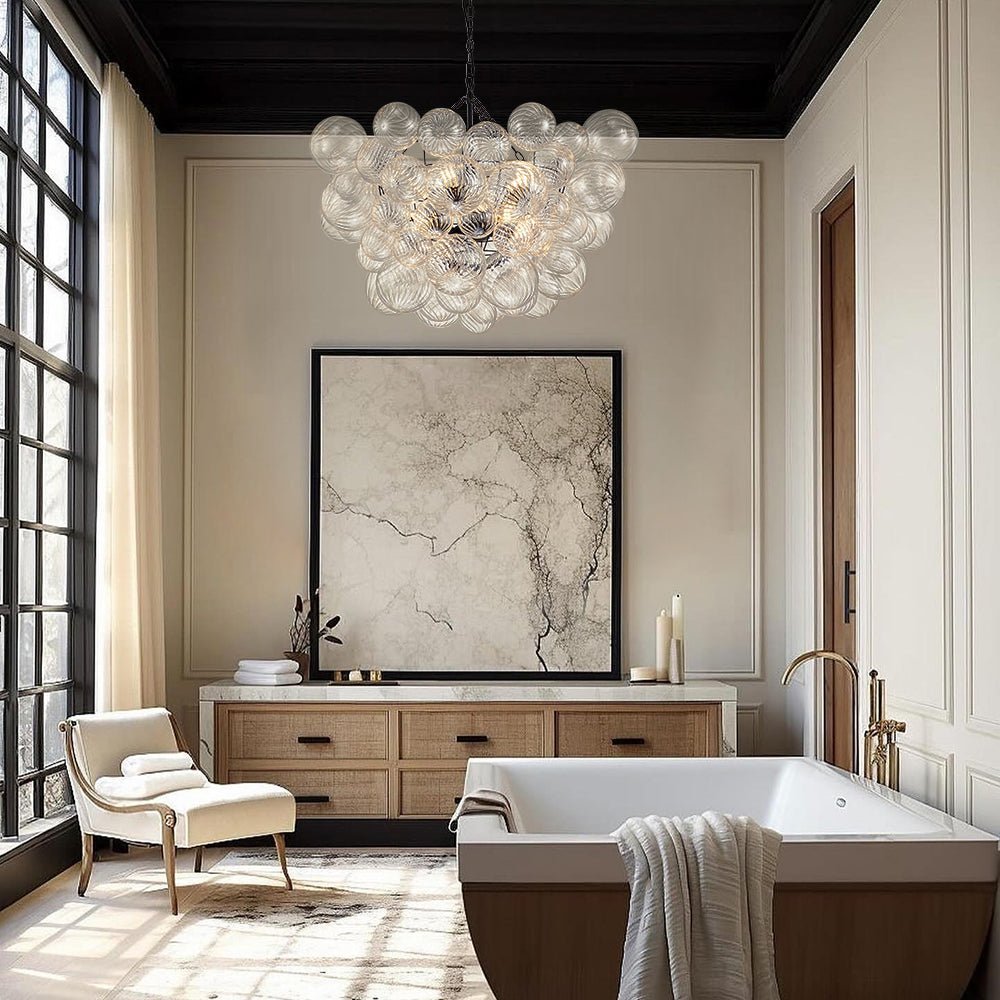 (OpenBox) Brass Cluster Ribbed Glass Globe Bubble Chandelier