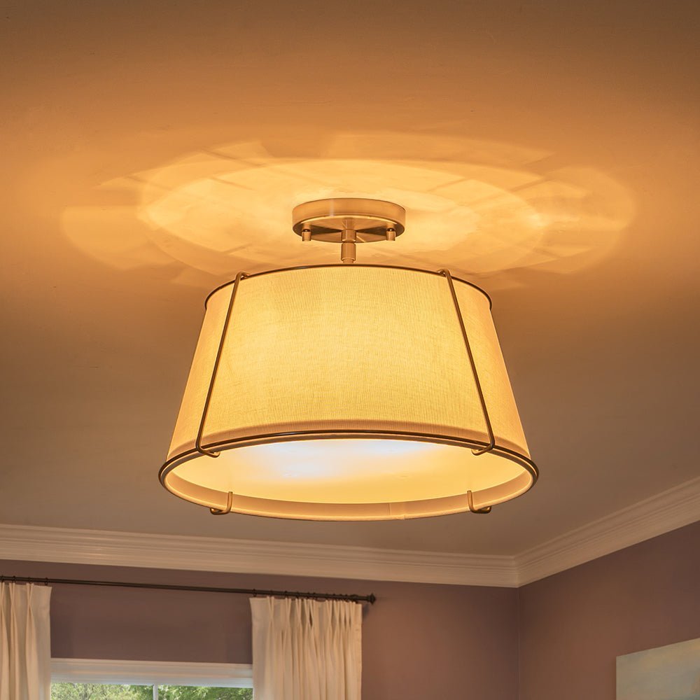 (OpenBox) Contemporary Wide Linen Drum Brass Semi Flush Mount