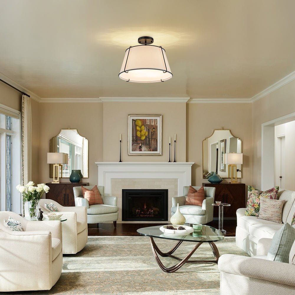 (OpenBox) Contemporary Wide Linen Drum Brass Semi Flush Mount